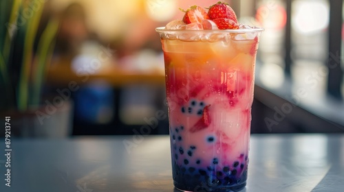 A tall glass filled with a vibrant mix of taro and strawberry milk bubble tea, topped with ice and featuring chewy tapioca pearls, taro bubble tea, strawberry milk tea, bubble tea See Less