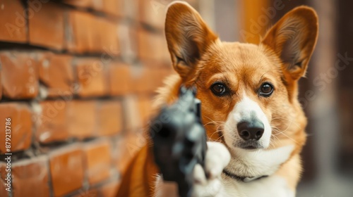 A very serious corgi dog pointing a gun at the camera, themes of funny and humorous memes, copy space.
