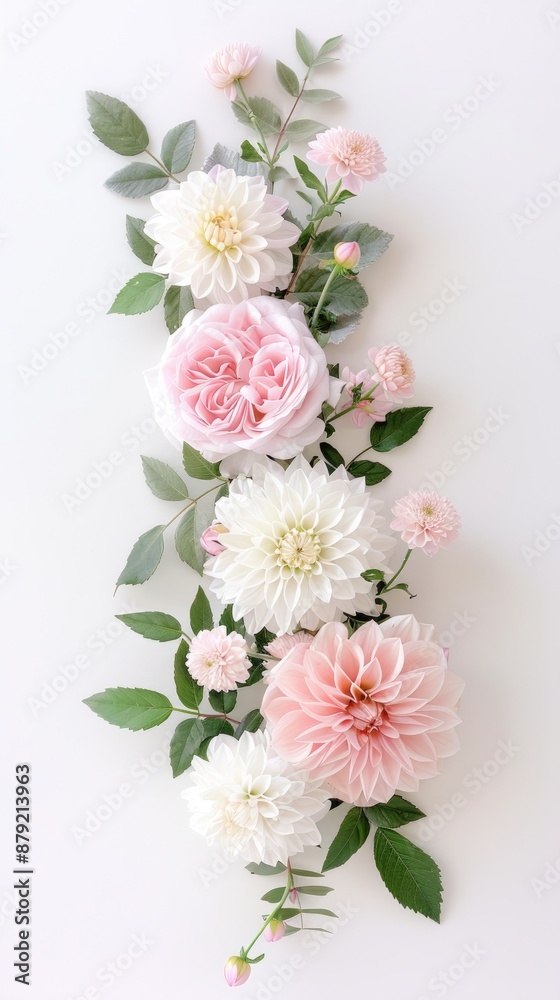 Delicate pink and white blossoms, some with petals scattered around, are arranged on a light grey background, creating a beautiful and romantic floral arrangement Delicate pink and white blossoms, some with petals scattered around, are arranged on a light grey background, creating a beautiful and romantic floral arrangement