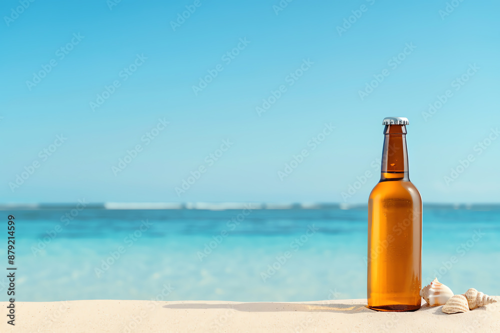 Beer bottle with a seashell necklace, placed on a sandy beach, beach, decorative touch Beer bottle with a seashell necklace, placed on a sandy beach, beach, decorative touch