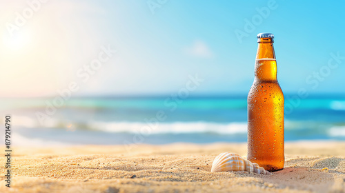 Ice-cold beer bottle with a seashell necklace, resting on hot sand, waves crashing in the background, summer beach, decorative refreshment
