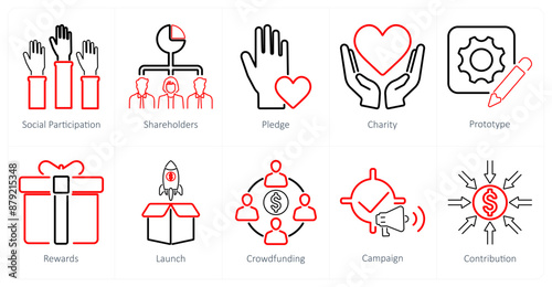 A set of 10 crowdfunding icons as social participation, shareholders, pledge, 