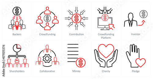A set of 10 crowdfunding icons as backers, crowdfunding, conttibution
