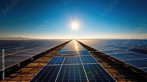 A large solar panel farm in a sunny, arid region, rows of solar panels stretching into the distance under a bright, clear sky