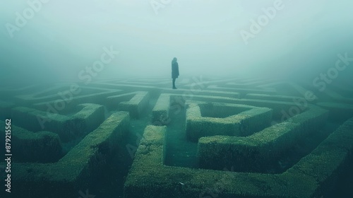 A maze with tall hedges, a person standing at a crossroads with multiple paths, each path shrouded in mist, representing a state of confusion and indecision photo