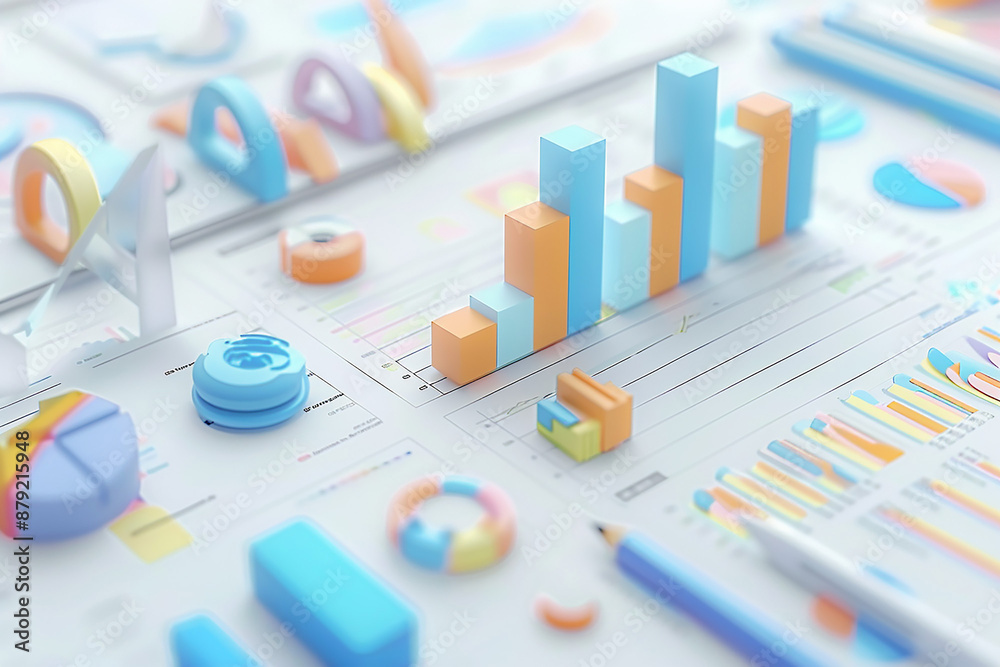 Data analytics for finance and online marketing, 3D Animation render, High resolution