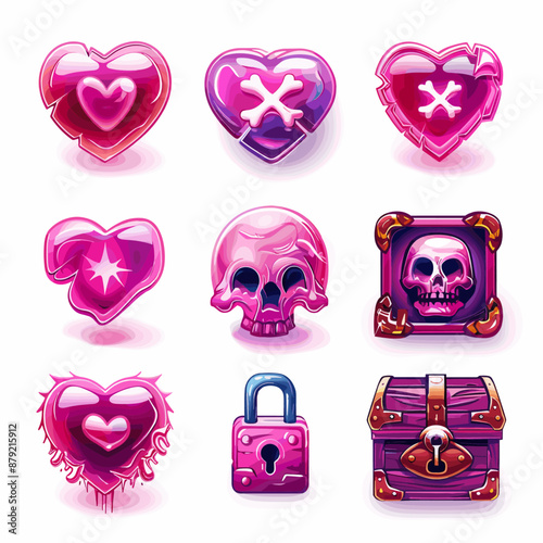 Pink Game UI Elements. Hearts, Skull, Chest, Lock