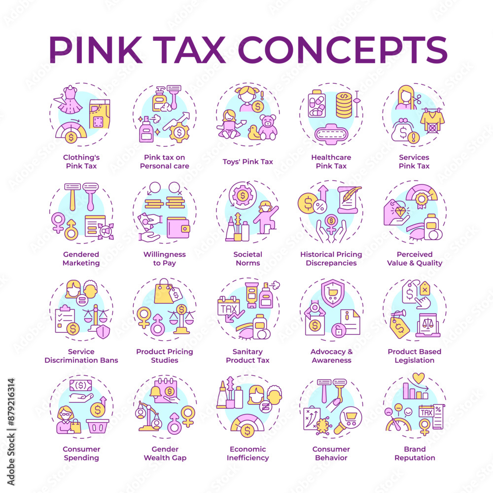 Pink tax multi color concept icons. Gender based pricing. Goods and services for women. Gender discrimination. Awareness. Icon pack. Vector images. Round shape illustrations. Abstract idea Pink tax multi color concept icons. Gender based pricing. Goods and services for women. Gender discrimination. Awareness. Icon pack. Vector images. Round shape illustrations. Abstract idea