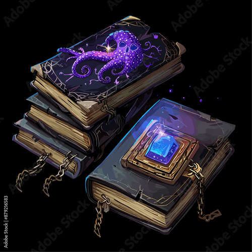 Mystical Grimoire Books with Chains and Gemstone