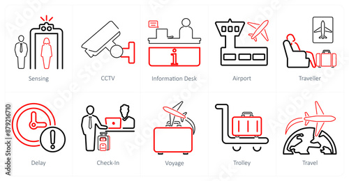 A set of 10 airport icons as sensing, cctv, information desk