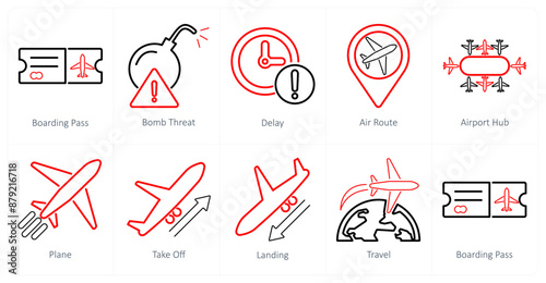 A set of 10 airport icons as boarding pass, bomb threat, delay