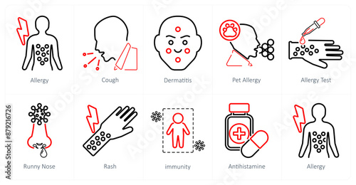 A set of 10 allergy icons as allergy, cough, dermatitis