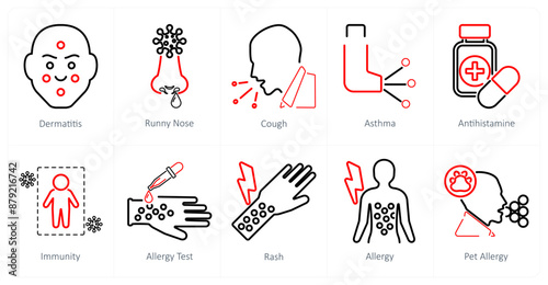 A set of 10 allergy icons as dermatitis, runny nose, cough