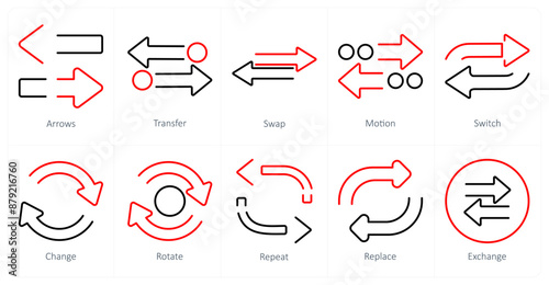 A set of 10 arrows icons as arrows, transfer, swap
