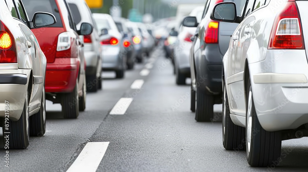 A white sedan sits in a line of stopped vehicles on a city street A white sedan sits in a line of stopped vehicles on a city street