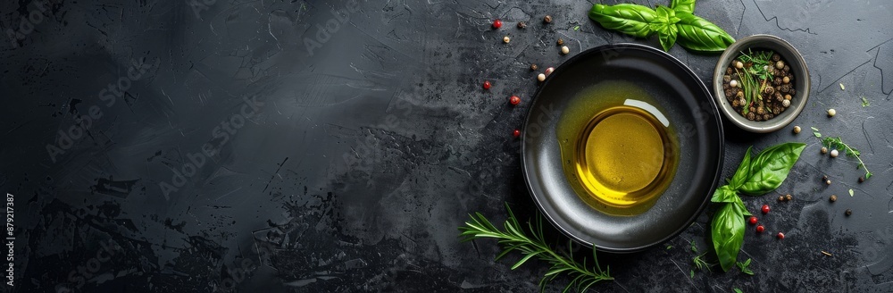 bowl with olive oil, spicy fresh herbs, pepper mixture and seasonings on dark background, kitchen background, copy space, place for text, top view bowl with olive oil, spicy fresh herbs, pepper mixture and seasonings on dark background, kitchen background, copy space, place for text, top view