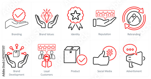 A set of 10 branding icons as branding, brand values, identity