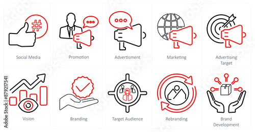 A set of 10 branding icons as social media, promotion, advertisement