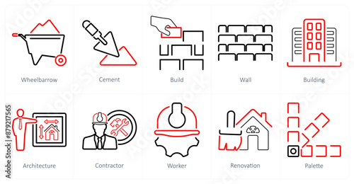 A set of 10 build icons as wheel barrow, cement, build