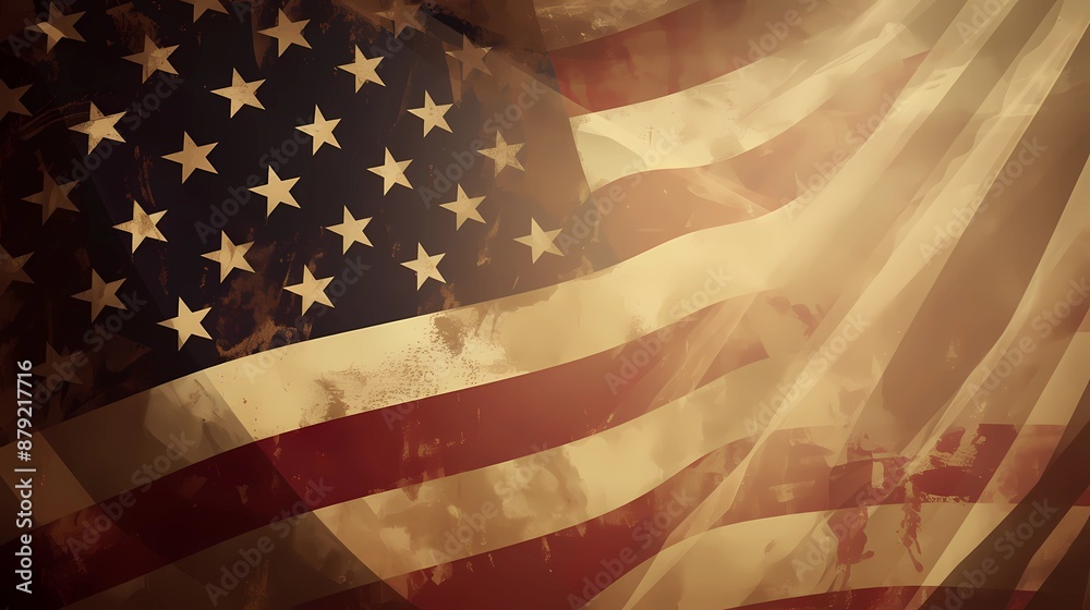 Naklejka premium Veterans Day graphic material Patriotic American Flag and Military Memorabilia, American flag watercolor, Military boots silhouette, Soldier tribute