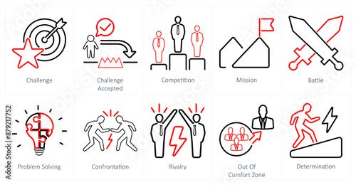 A set of 10 challenge icons as challenge, challenge accepted, competition