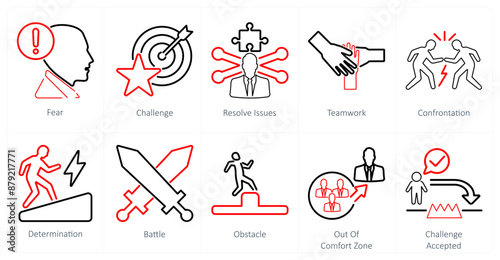 A set of 10 challenge icons as fear, challenge, resolve issues