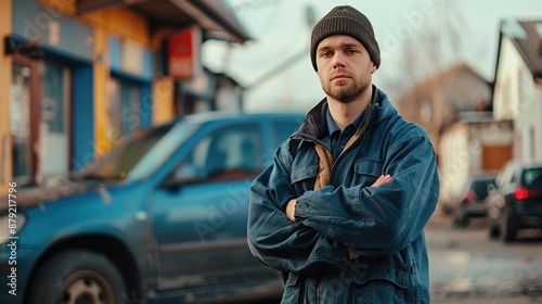 Man in a Blue Jacket Standing in a City Street