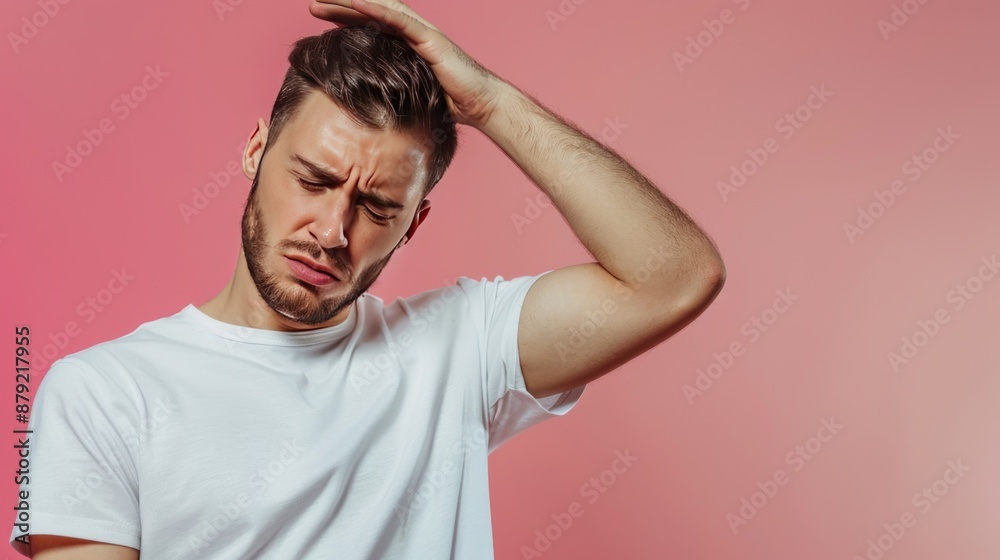 Man holding his head, too much pain, stress and pressure, isolated on pink studio background