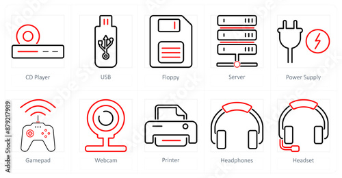 A set of 10 computer parts icons as cd player, usb, floppy