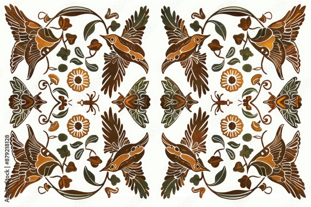 Obraz premium Ceramic Tiles Art Nouveau ceramic tiles repetitive patterns flowers, birds, earthy tones.