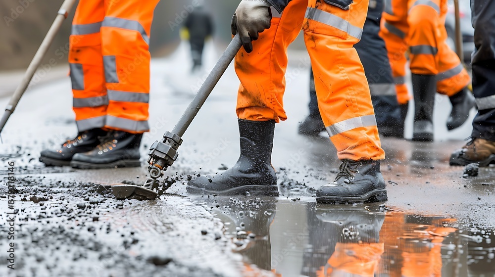 Photo of an industrial worker in orange overalls and black work boots using heavy equipment to clean the street, cleaning up oil puddles on asphalt with long metal tubes attached from his hand in the Photo of an industrial worker in orange overalls and black work boots using heavy equipment to clean the street, cleaning up oil puddles on asphalt with long metal tubes attached from his hand in the