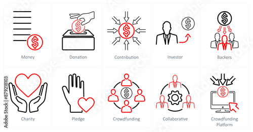 A set of 10 crowdfunding icons as money, donation, contribution, investor