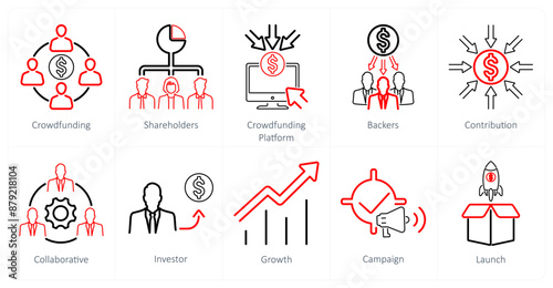 A set of 10 crowdfunding icons as crowdfunding, shareholders, crowdfunding platform