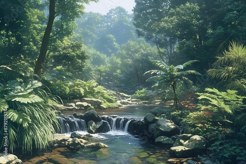 A serene riverside scene with gentle water flow, surrounded by lush greenery