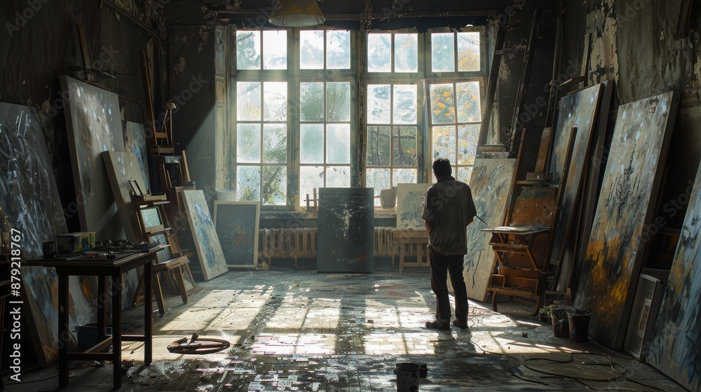 An artist's studio filled with canvases and paint, sunlight streaming through large windows, the artist in a moment of epiphany, surrounded by creative energy An artist's studio filled with canvases and paint, sunlight streaming through large windows, the artist in a moment of epiphany, surrounded by creative energy