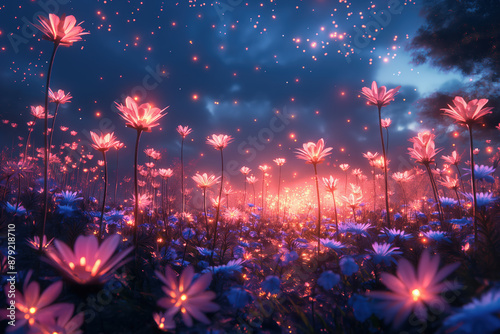 Fototapeta Naklejka Na Ścianę i Meble -  Glowing flowers blooming under night sky with stars