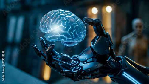 une main de robot tient entre ses doigts un hologramme de cerveau humain pour illustrer l'intelligence artificielle