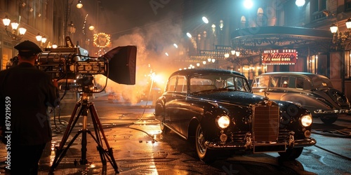 Film set of a vintage movie with classic cars and a camera, capturing a scene on a street at night lit by streetlights.