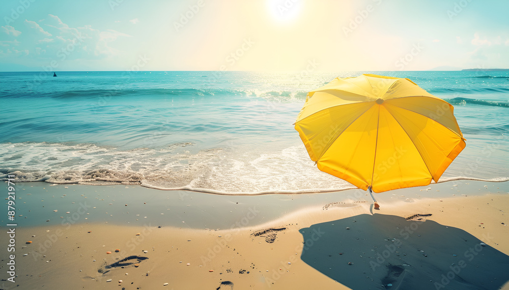 Yellow beach umbrella on sandy coast near ocean Yellow beach umbrella on sandy coast near ocean