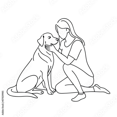 woman kneeling on the floor, embracing her dog. line art vector illustration 