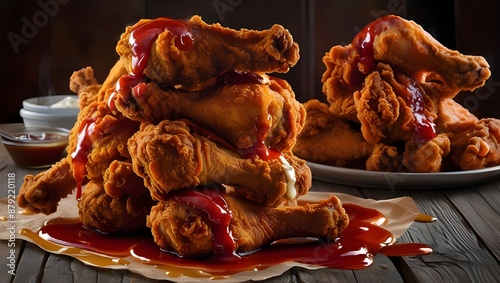 Vibrant fried chicken piled precariously on top of one another on a rustic wooden table, rendered in stunning digital painting on ArtStation, with an intoxicating cinematic look that transports you to photo