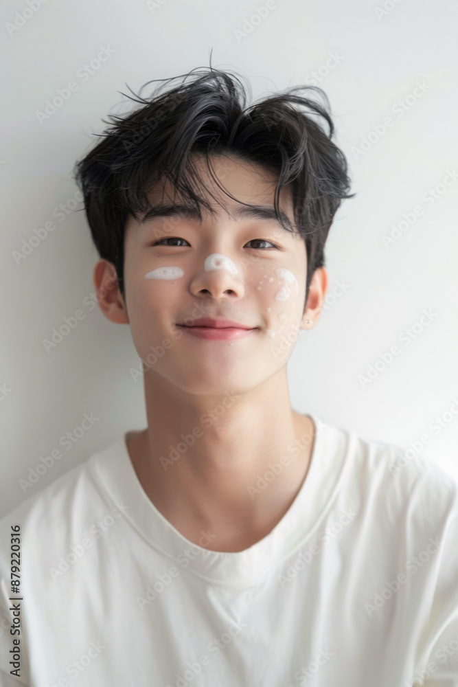 A Korean teen with facial foam, happily embracing his skincare routine A Korean teen with facial foam, happily embracing his skincare routine