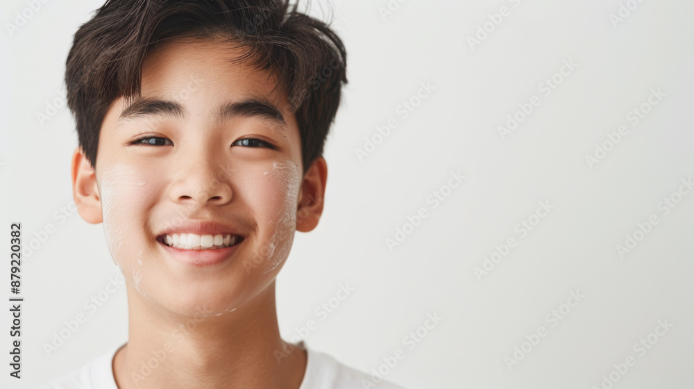 A cheerful Korean teenager, smiling with facial foam, enjoying his skincare A cheerful Korean teenager, smiling with facial foam, enjoying his skincare