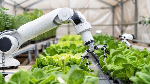 A robotic arm harvests lettuce in a greenhouse setting. The arm is moving along rows of plants, its fingers reaching to pluck the ripe lettuce