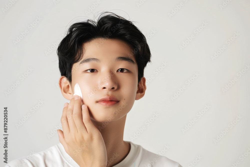 A Korean teen boy with skincare foam on his face, smiling and showing his self-care routine, focusing on clean and acne-free skin A Korean teen boy with skincare foam on his face, smiling and showing his self-care routine, focusing on clean and acne-free skin