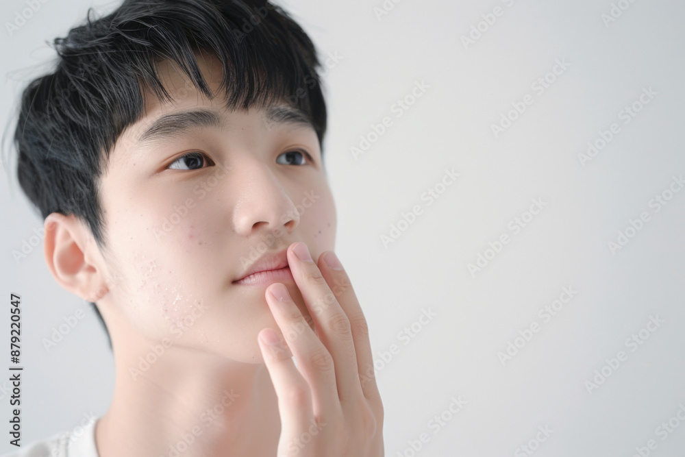 A Korean teenager touching his face with a serene expression, focusing on clear skin and acne treatment A Korean teenager touching his face with a serene expression, focusing on clear skin and acne treatment