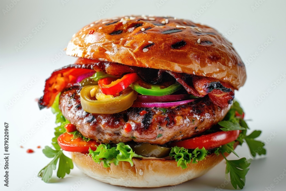 PORKA VAKKA Hamburger made of Light Brioche Hamburger Buns, artisan sausage rolled, crispy bacon, peppers, stewed onion and Tabasco, white grey background PORKA VAKKA Hamburger made of Light Brioche Hamburger Buns, artisan sausage rolled, crispy bacon, peppers, stewed onion and Tabasco, white grey background
