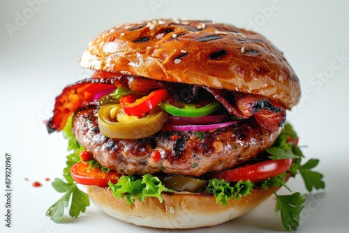 PORKA VAKKA Hamburger made of Light Brioche Hamburger Buns, artisan sausage rolled, crispy bacon, peppers, stewed onion and Tabasco, white grey background photo