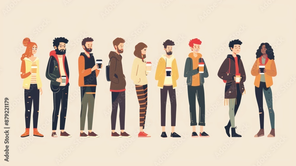 The group of colleagues and friends is drinking coffee during a break at work. A modern illustration of communication and break at work The group of colleagues and friends is drinking coffee during a break at work. A modern illustration of communication and break at work