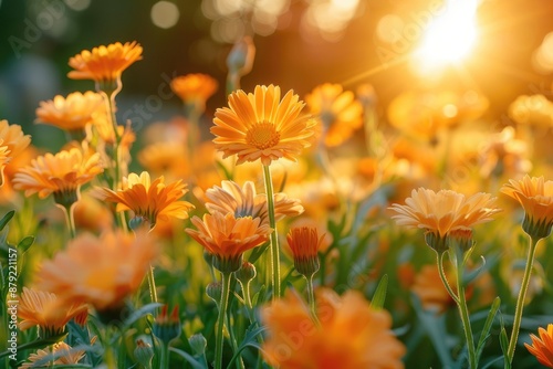 Vibrant orange marigold flowers in full bloom, basking in the warm golden sunlight of a beautiful garden scene, capturing the essence of nature.